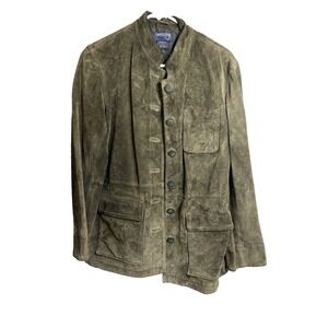 country shop womens green leather coat size small long sleeve buttons